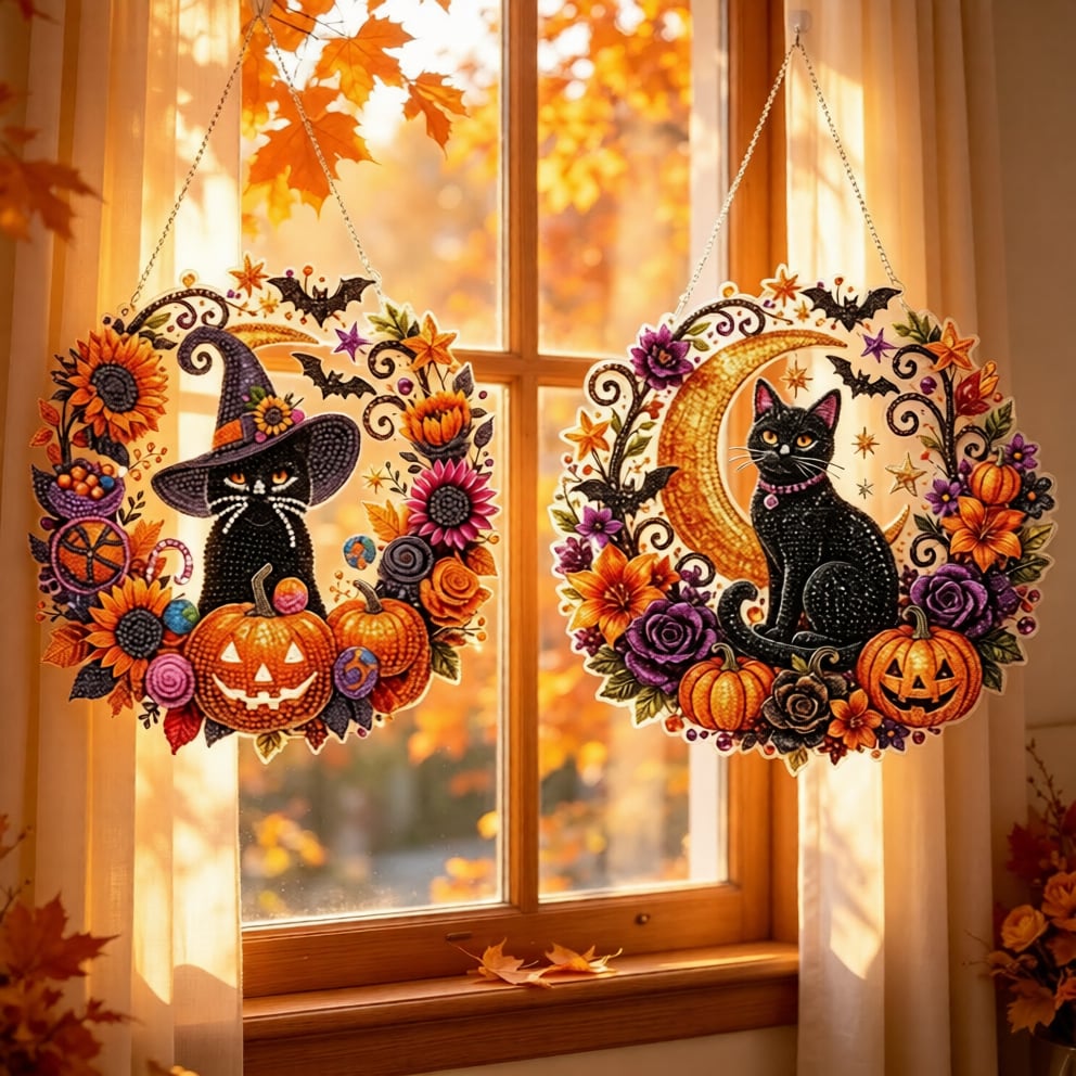 Black Cat Moon Diamond Art Hanging Ornament Kit – Relaxing DIY Halloween Craft