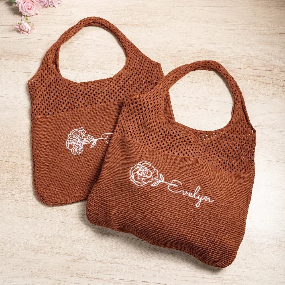 Personalized Retro Embroidered Birth Flower Crochet Mesh Tote Bag with Name Summer Beach Travel Birthday Gift for Women