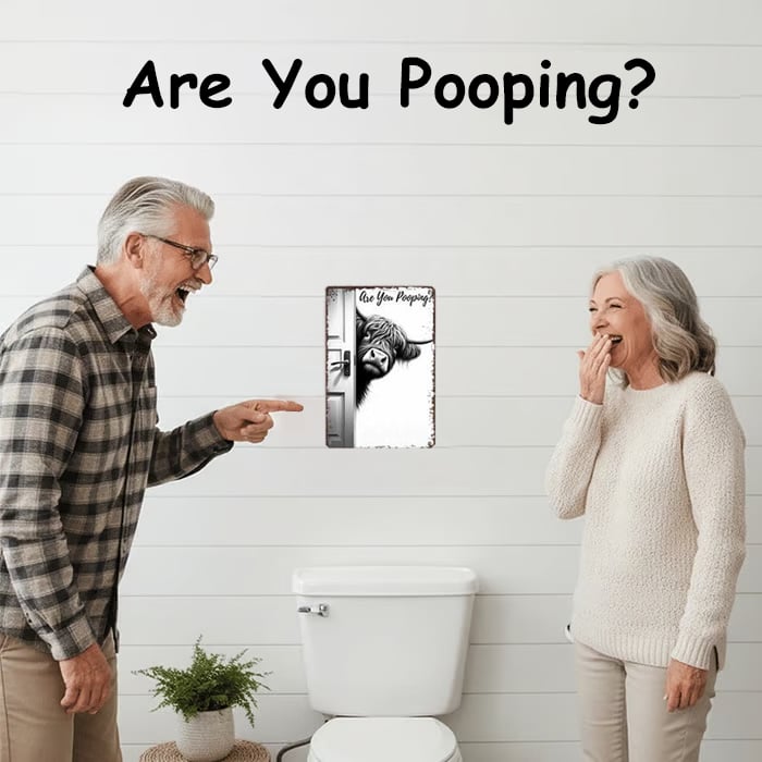 Vintage Highland Cow Sign – Funny"Are You Pooping?" Wall Decor