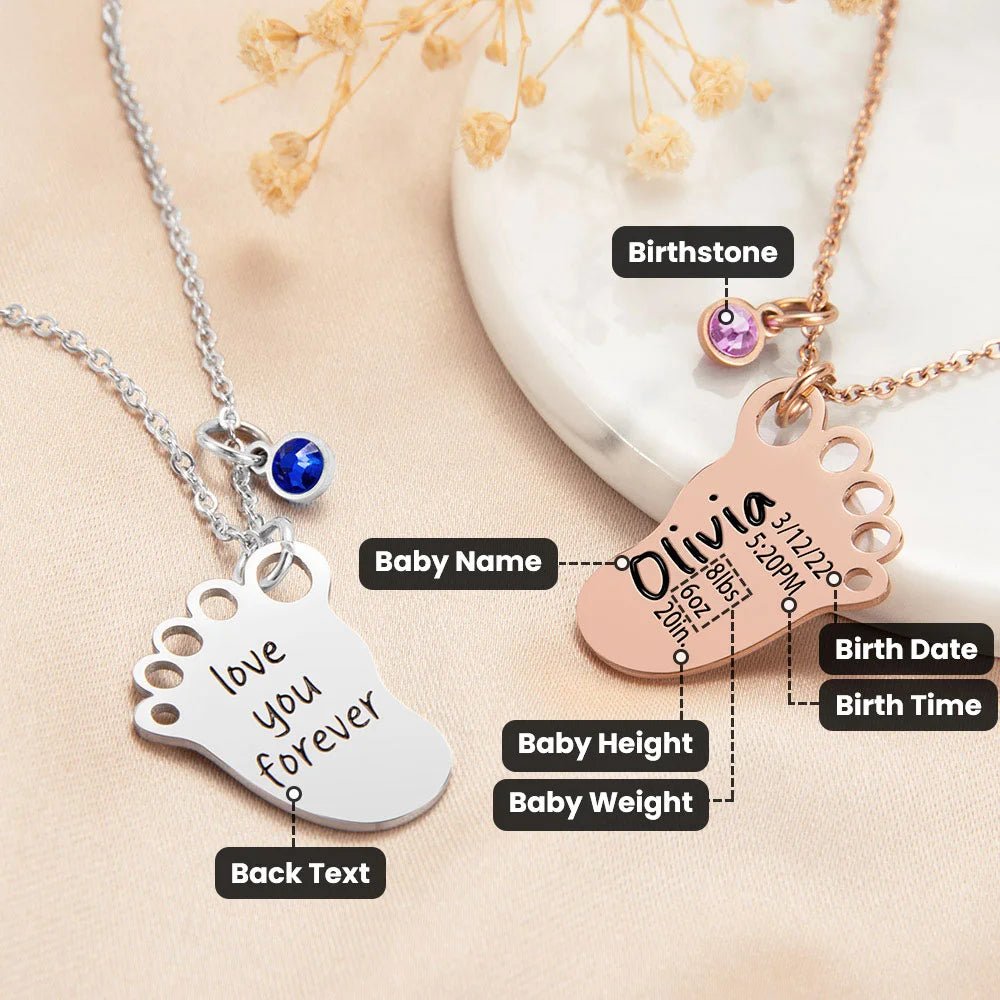 Personalized Engraved Baby Foot Pendant Necklace with Birth Announcement and Birthstone Birthday Baby Shower Gift for Kid New Mom