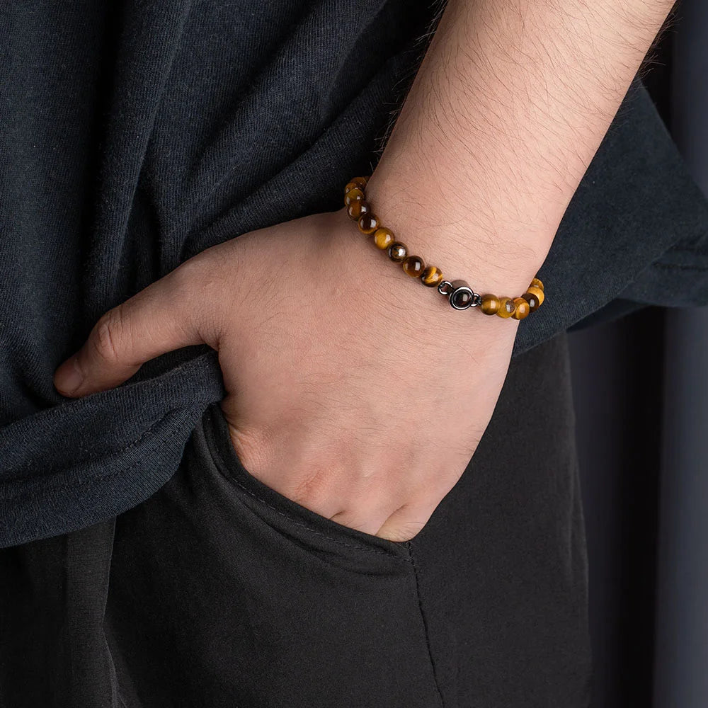 Custom Photo Projection Tiger Eye Bracelet with Black Gallstone Beads