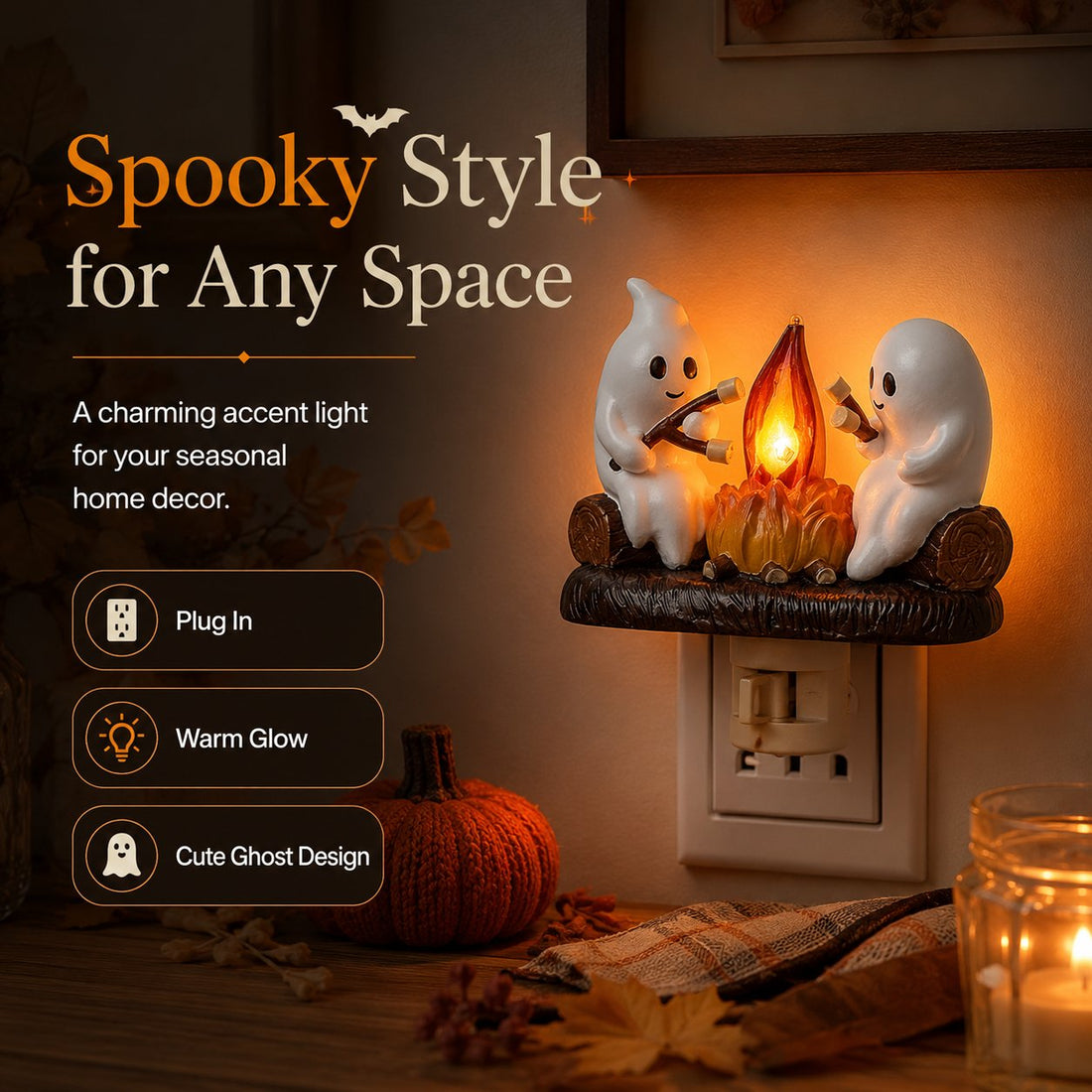 Ghost Campfire Flickering Nightlight – Cute Halloween Plug-In Wall Decor