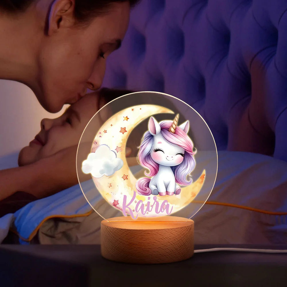 Personalized Fantasy Unicorn Dreamy Moon LED Night Light with Wooden Base and Name