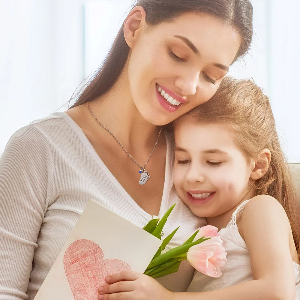 Personalized Engraved Baby Foot Pendant Necklace with Birth Announcement and Birthstone Birthday Baby Shower Gift for Kid New Mom