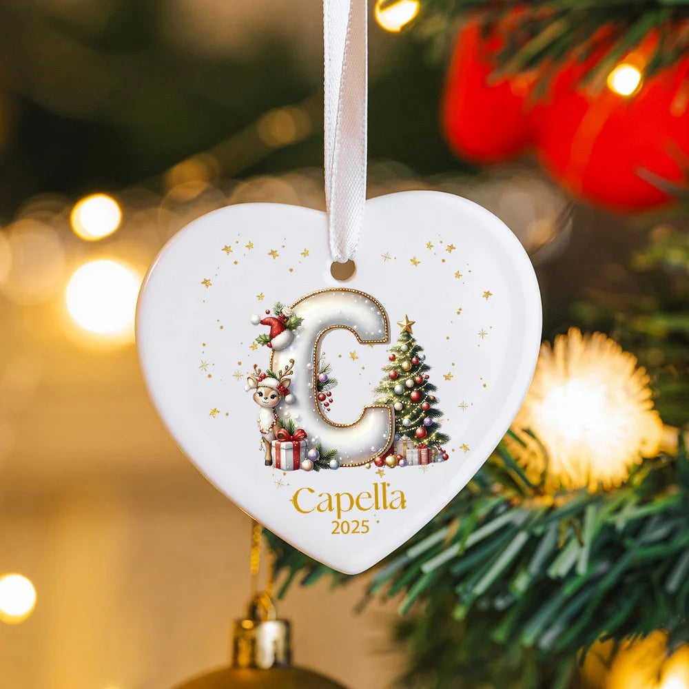 Personalized Reindeer Christmas Tree Initial Ceramic Christmas Ornament