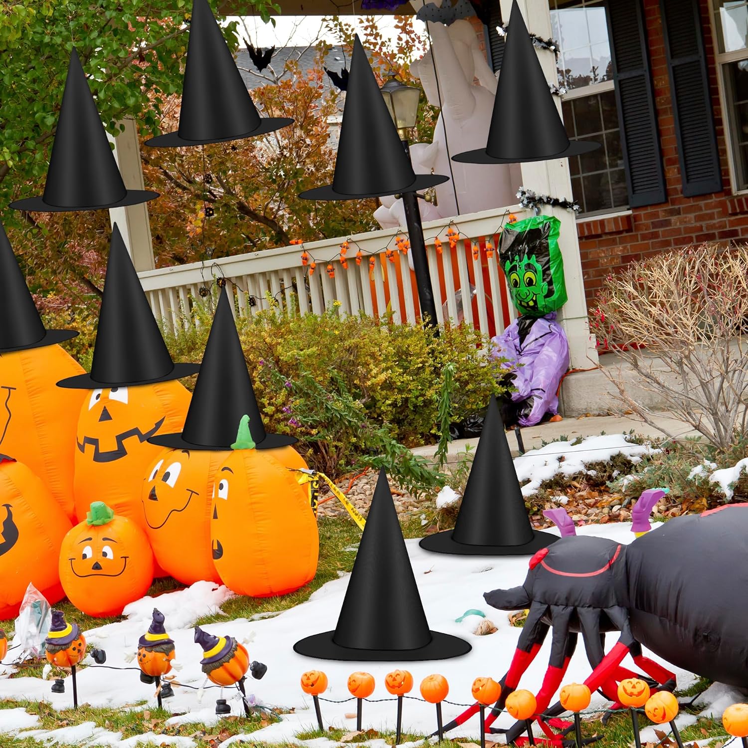 Elcoho 12 Pieces Halloween Costume Witch Hat with 100 Yards Hanging Rope for Halloween Yard Decoration