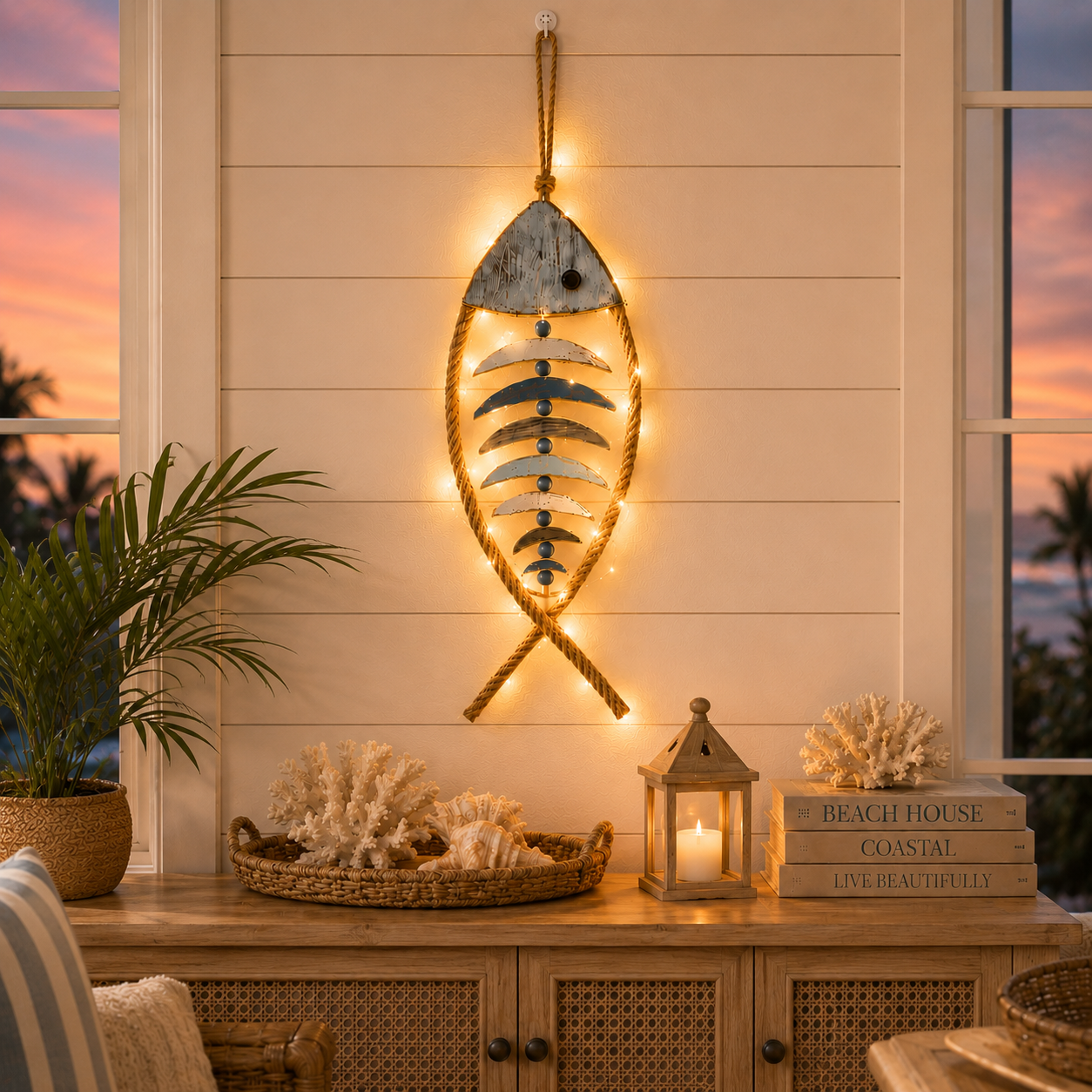 Lighted Coastal Rope Fish Wall Hanging