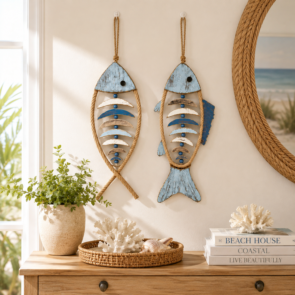 Lighted Coastal Rope Fish Wall Hanging