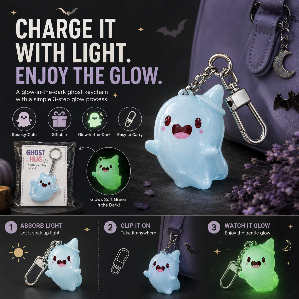 6pcs Glow-in-the-Dark Ghost Keychain Cute Halloween Gift