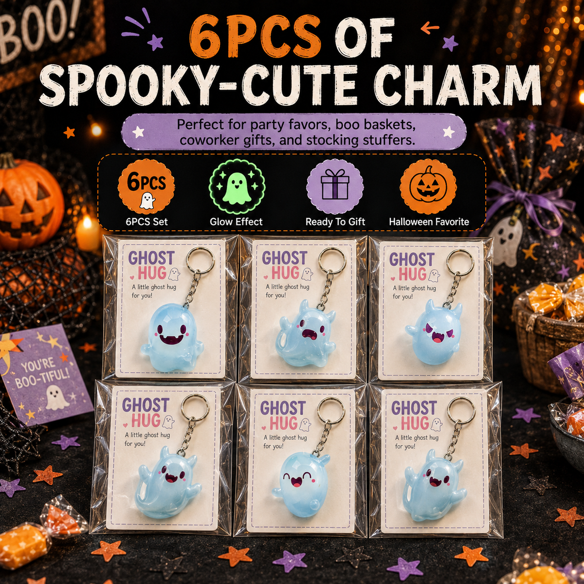 6pcs Glow-in-the-Dark Ghost Keychain Cute Halloween Gift