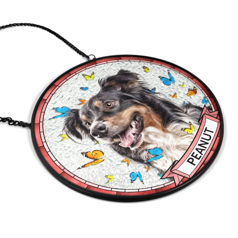 Custom Photo Butterflies Dog Cat - Personalized Stained Glass Window Hanging Suncatcher