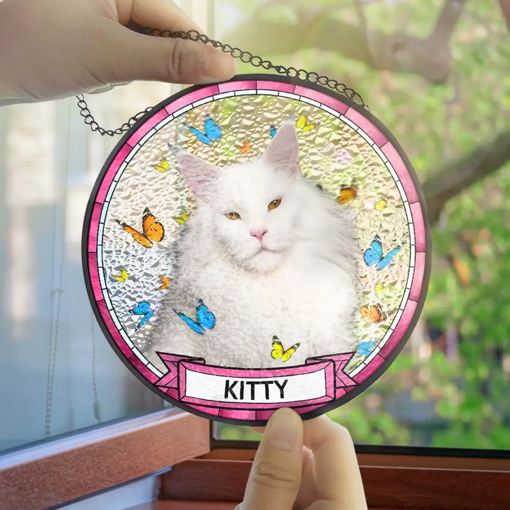 Custom Photo Butterflies Dog Cat - Personalized Stained Glass Window Hanging Suncatcher