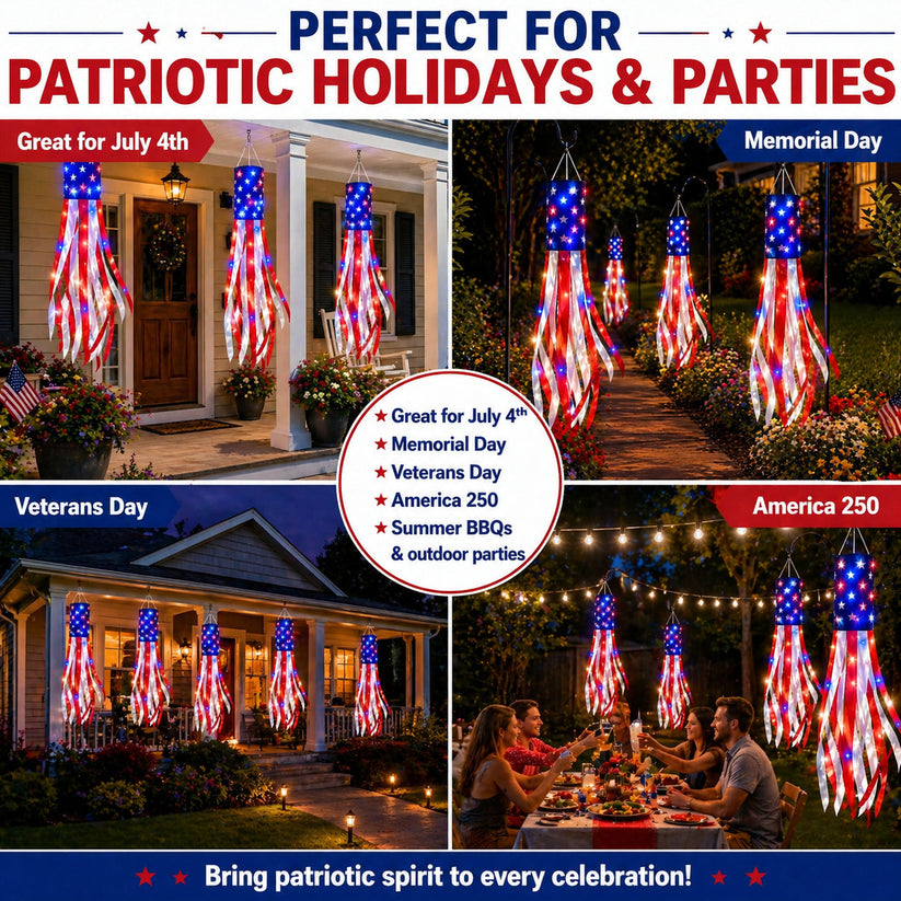 3 Pack 50 Inch Large American Flag Windsocks with Red White Blue Lights