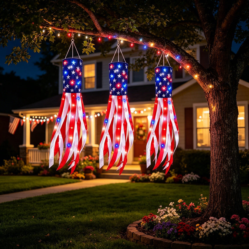 3 Pack 50 Inch Large American Flag Windsocks with Red White Blue Lights