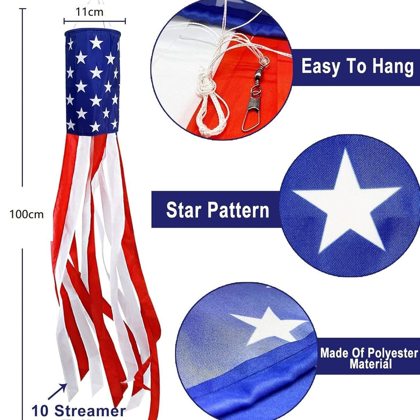 3 Pack 50 Inch Large American Flag Windsocks with Red White Blue Lights