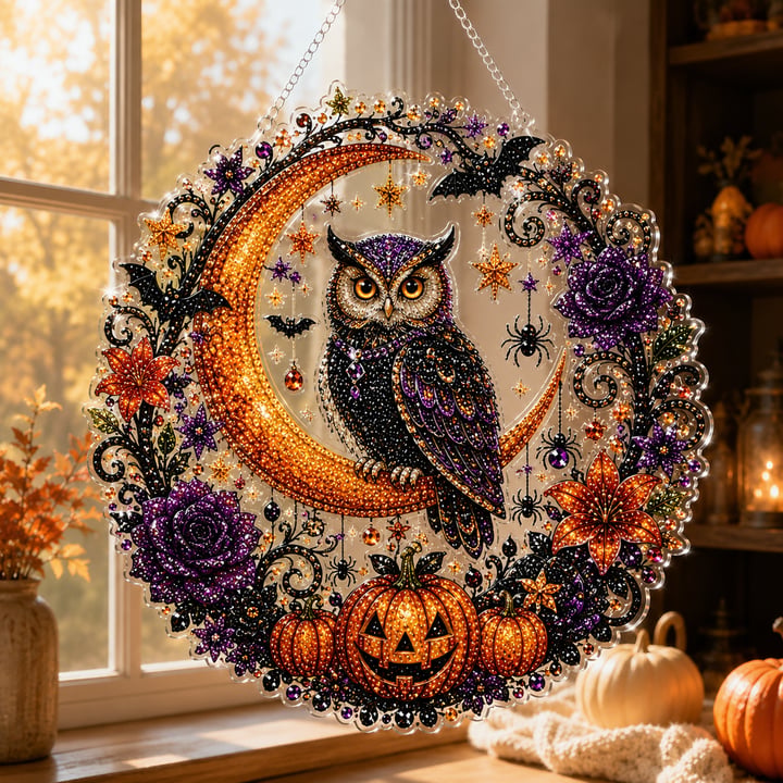 Black Cat Moon Diamond Art Hanging Ornament Kit – Relaxing DIY Halloween Craft