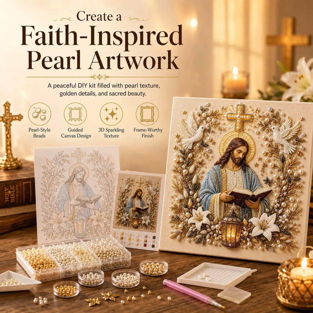 DIY Jesus Pearl Art Kit – 3D Christian Artwork for Prayer Corners & Faith Gifts