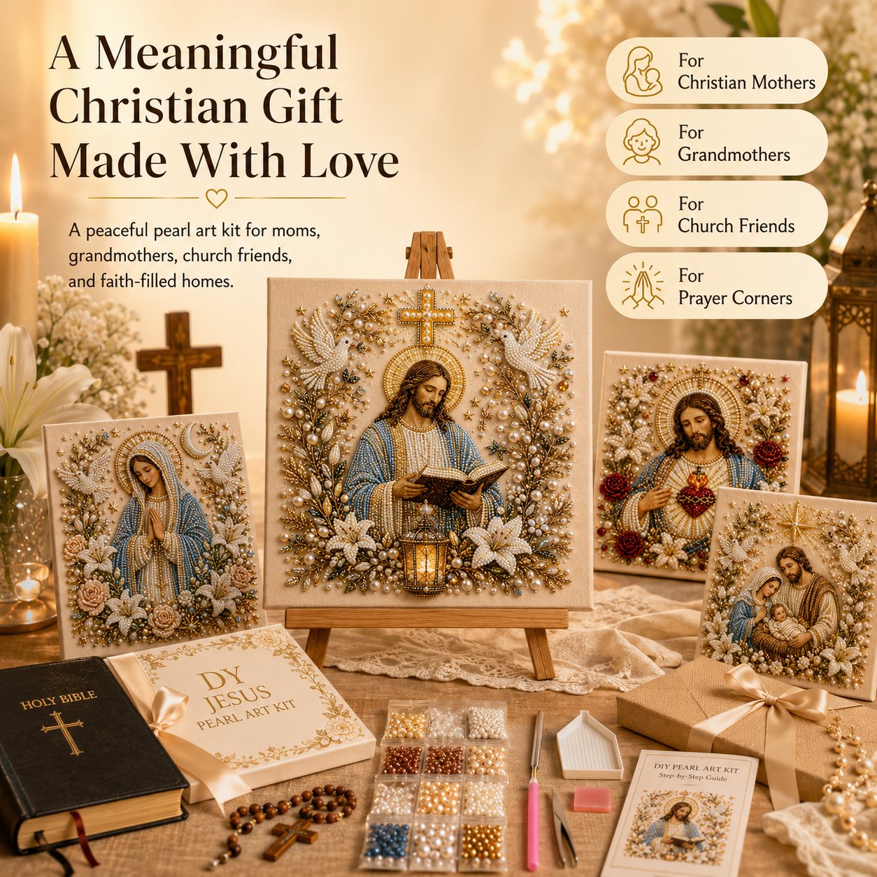 DIY Jesus Pearl Art Kit – 3D Christian Artwork for Prayer Corners & Faith Gifts