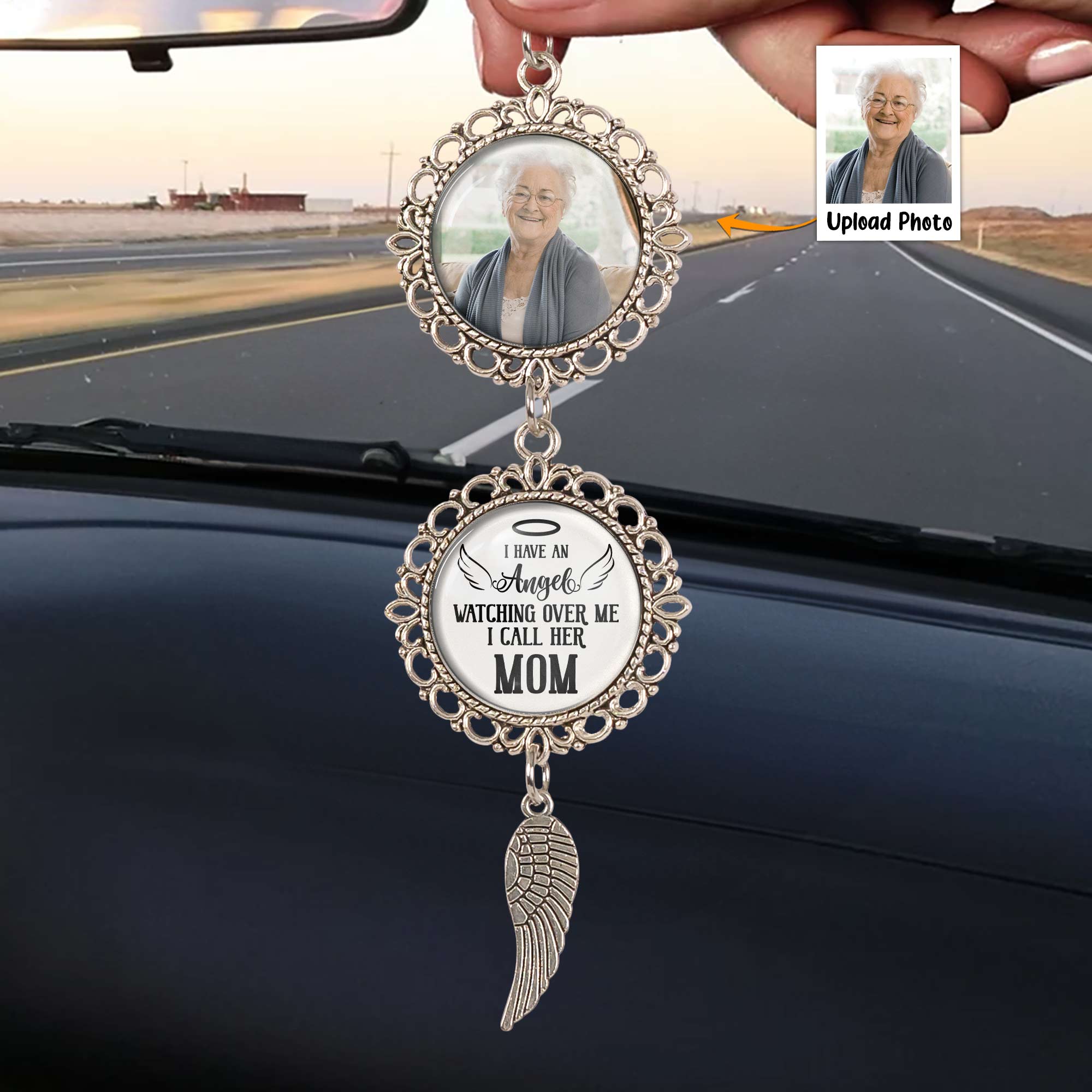 Personalized Car Ornament – 'I Have an Angel Watching Over Me' with Custom Photo and Wing – Heartfelt Gift for Mother’s Day, Family and Car Decor