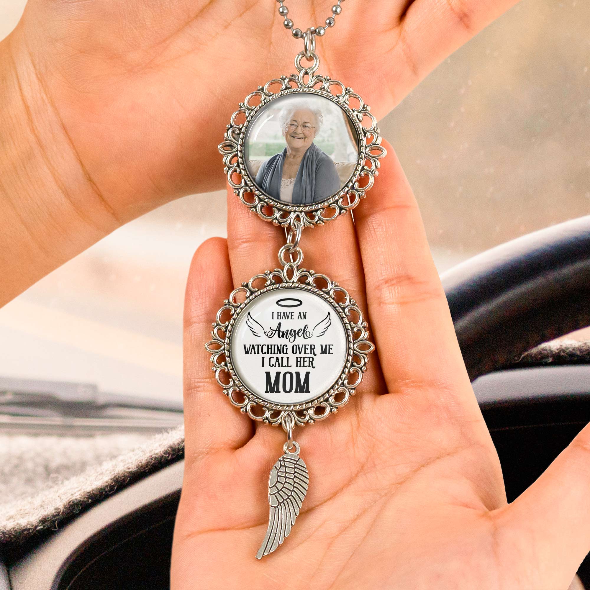 Personalized Car Ornament – 'I Have an Angel Watching Over Me' with Custom Photo and Wing – Heartfelt Gift for Mother’s Day, Family and Car Decor