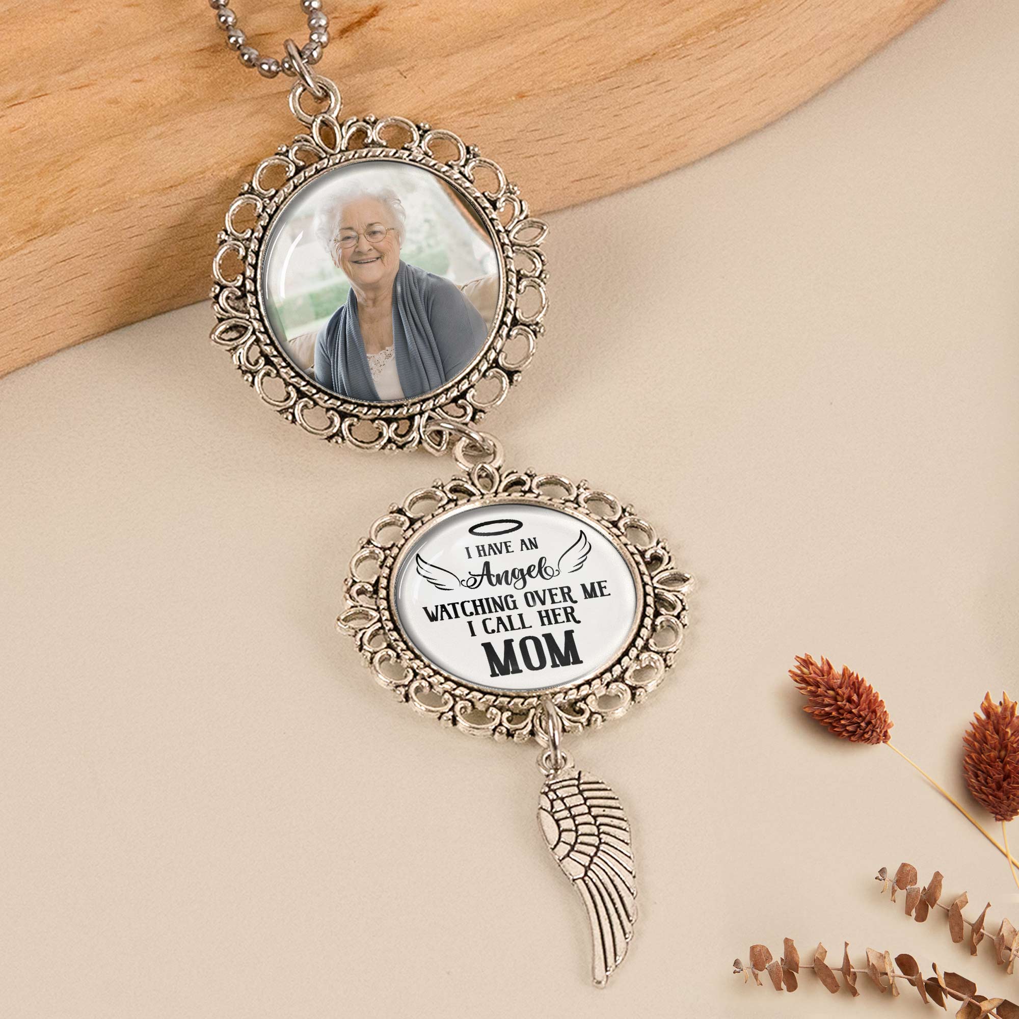 Personalized Car Ornament – 'I Have an Angel Watching Over Me' with Custom Photo and Wing – Heartfelt Gift for Mother’s Day, Family and Car Decor