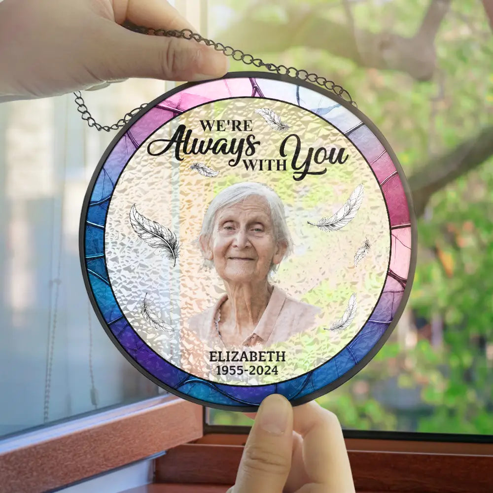 Custom Photo Memorial Always In Our Hearts - Personalized Stained Glass Window Hanging Suncatcher