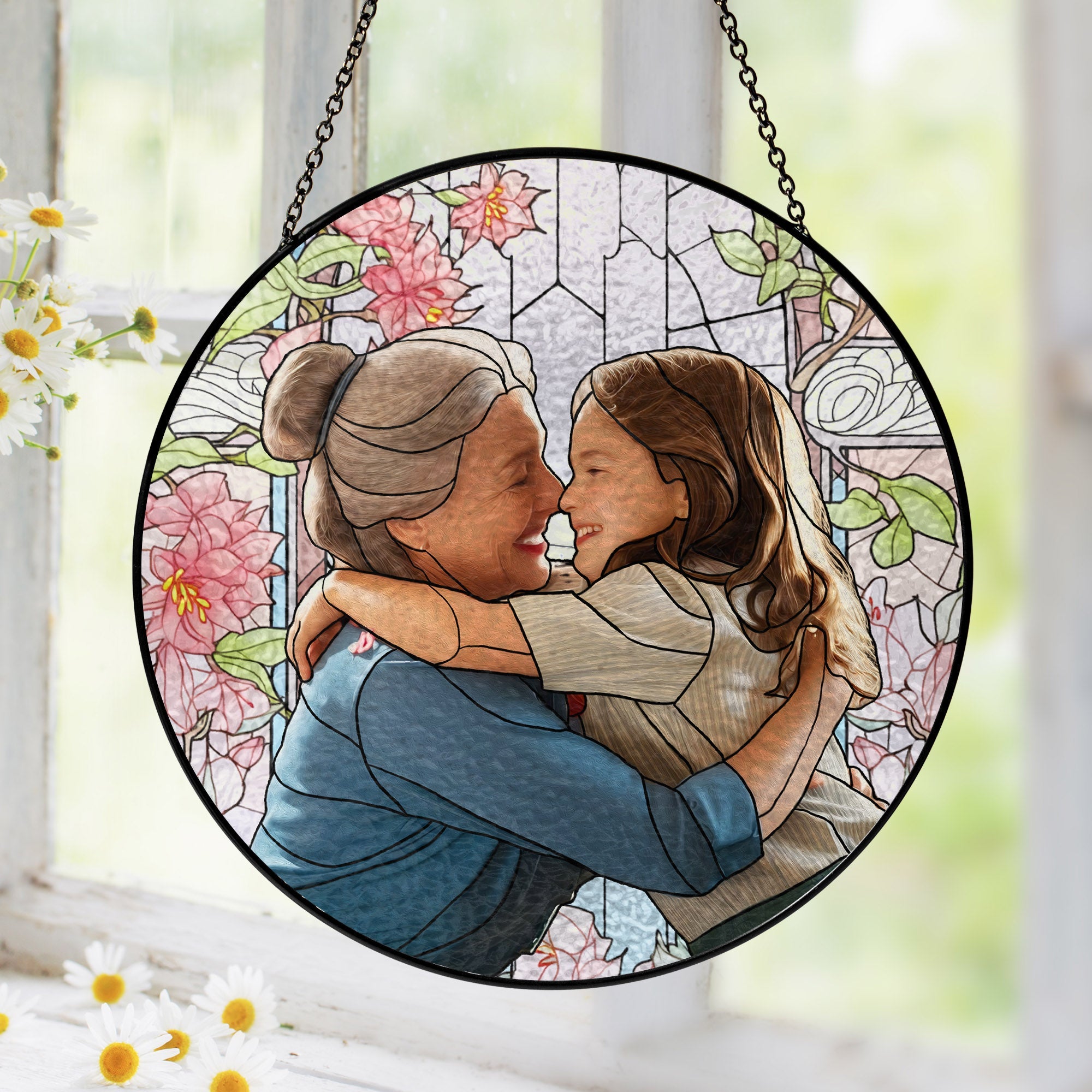 Attrape-soleil personnalisé en verre teinté pour la fête des mères : Grand-mère et ses petits-enfants, avec photo personnalisée