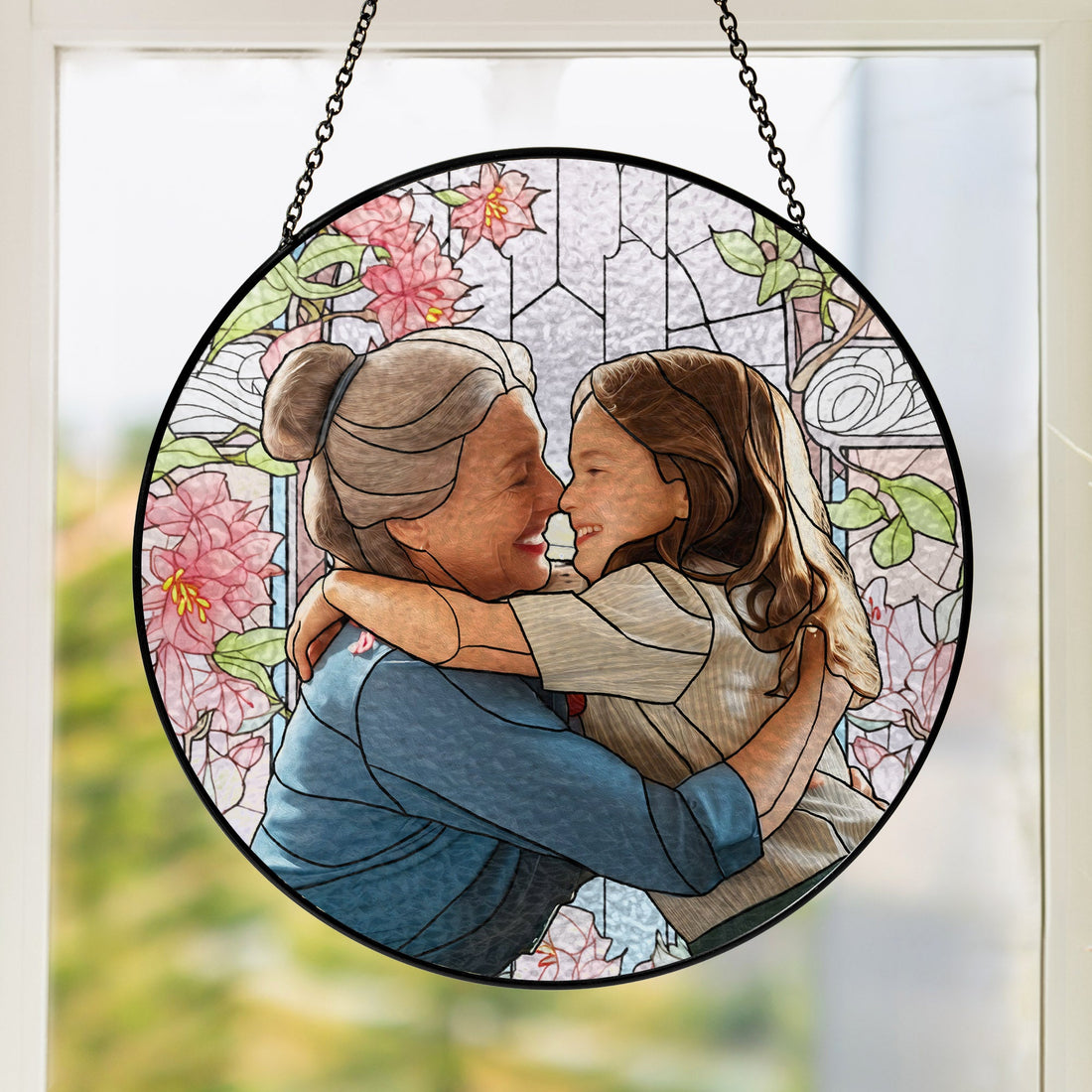 Personalized Grandma And Grandkids Custom Photo Mother's Day Stained Glass Suncatcher