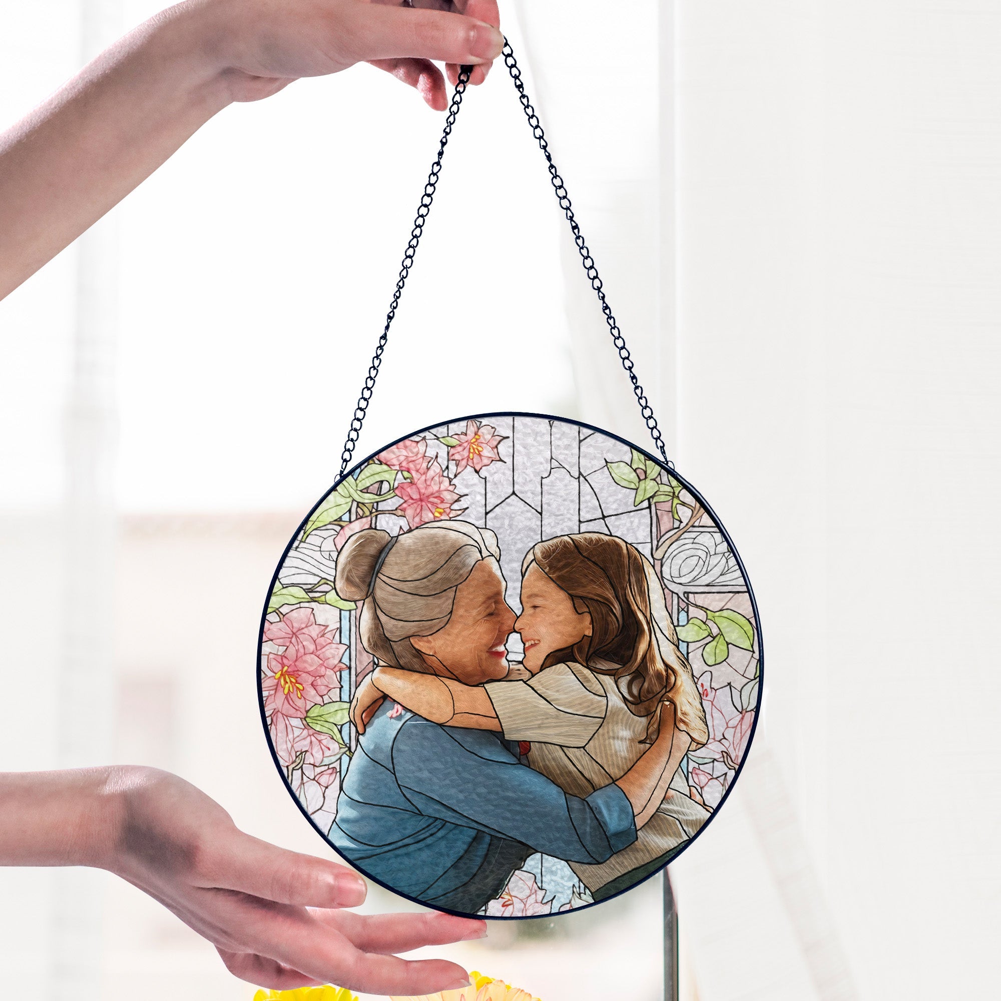 Attrape-soleil personnalisé en verre teinté pour la fête des mères : Grand-mère et ses petits-enfants, avec photo personnalisée
