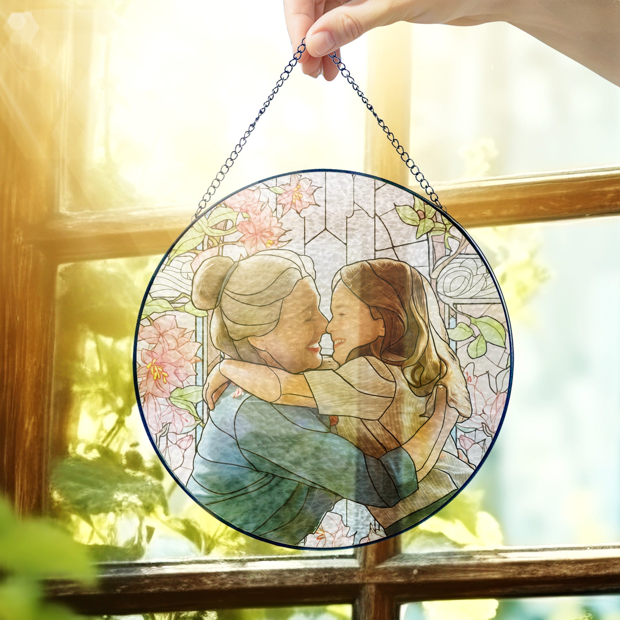 Attrape-soleil personnalisé en verre teinté pour la fête des mères : Grand-mère et ses petits-enfants, avec photo personnalisée