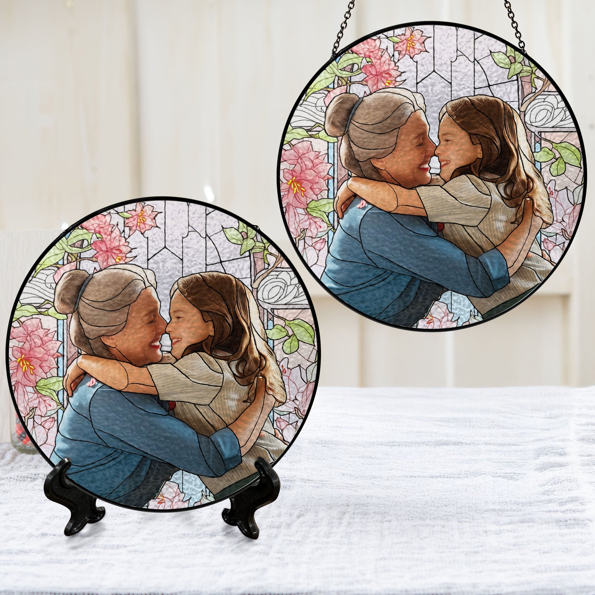Attrape-soleil personnalisé en verre teinté pour la fête des mères : Grand-mère et ses petits-enfants, avec photo personnalisée