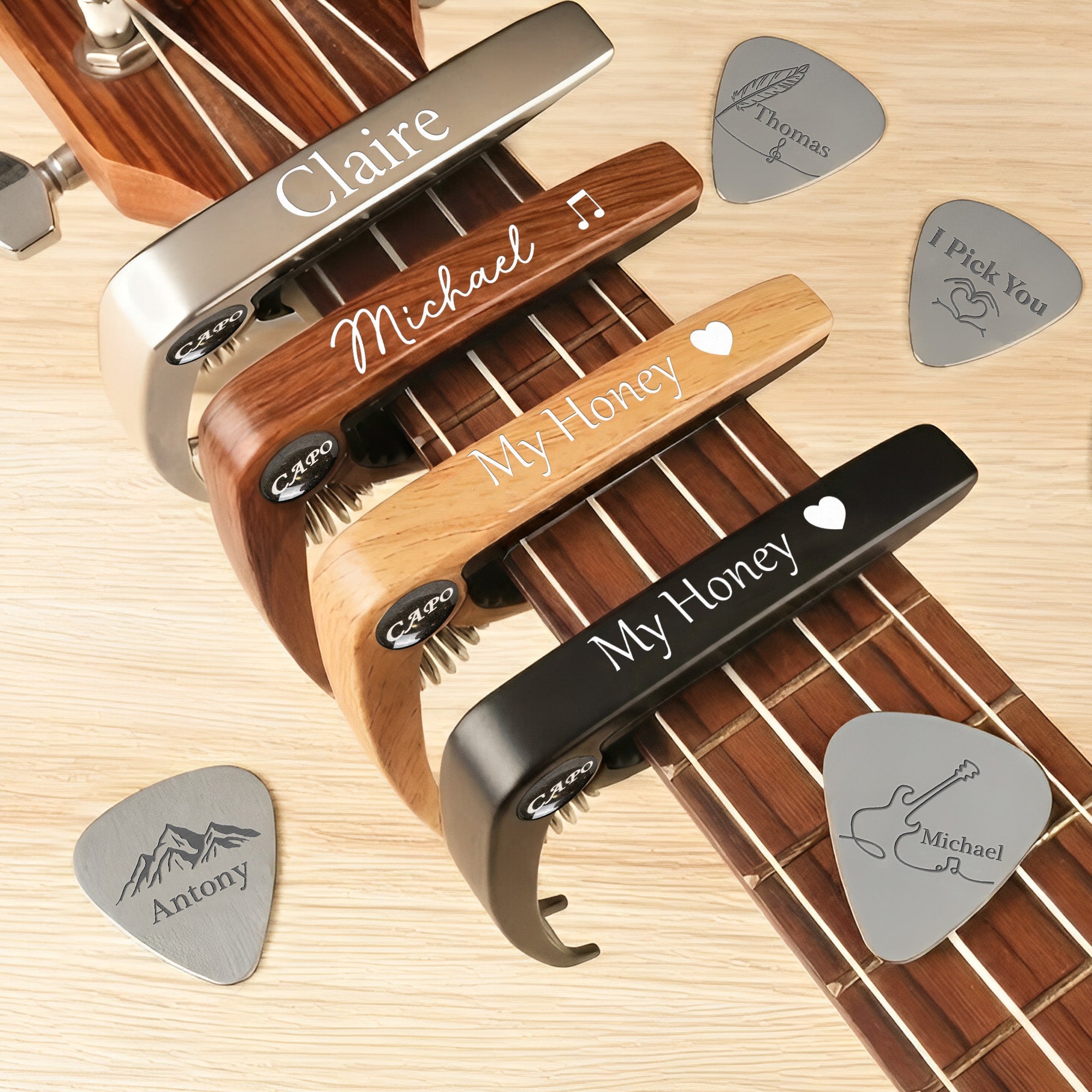 Vintage Monogram For Guitarist, Guitar Lover - Personalized Guitar Capo With Picks