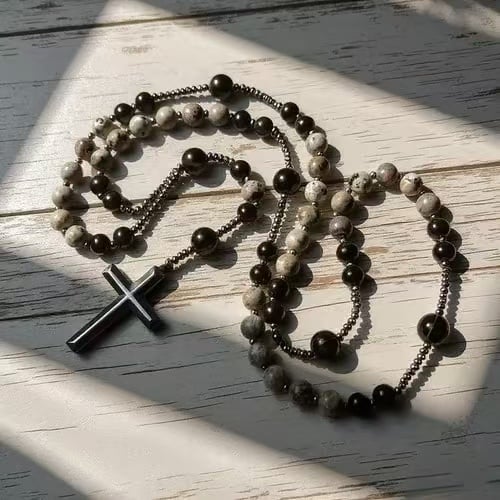 Healing Crystal Yooperlite Fire Stone Rosary Necklace