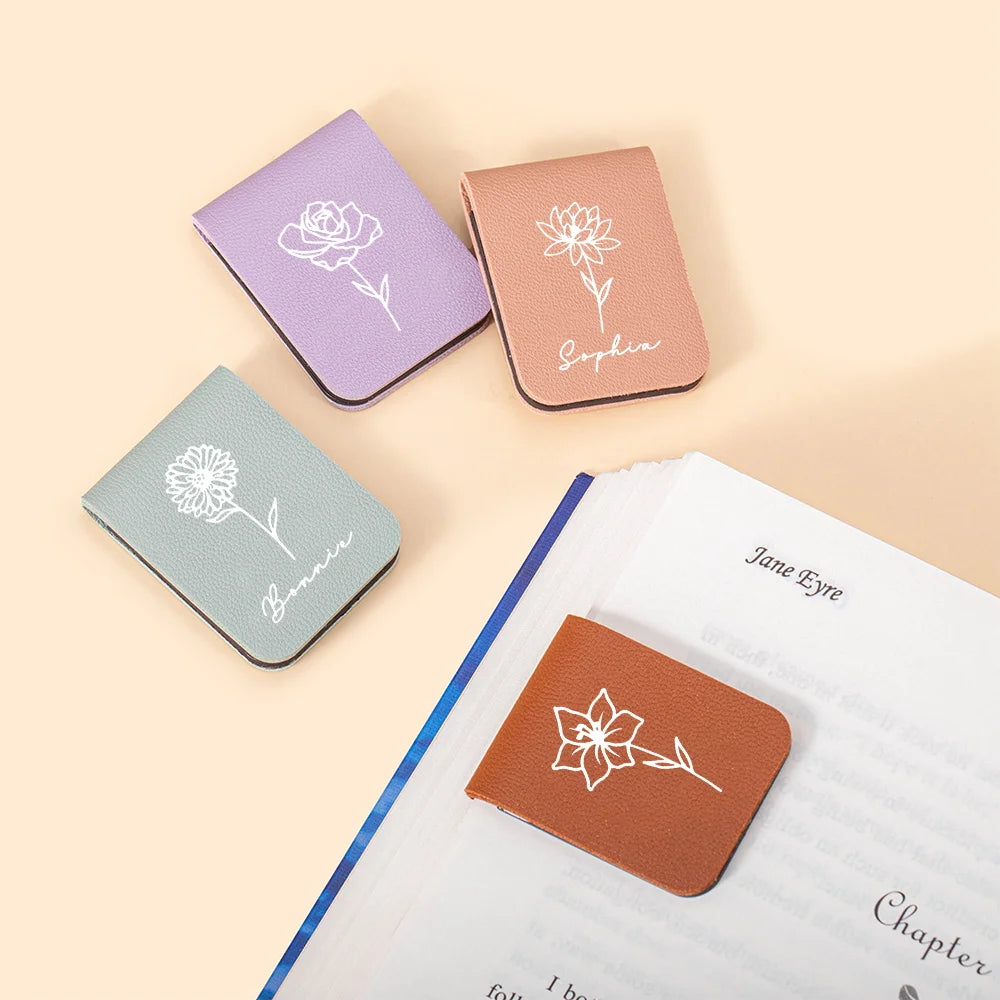 Personalized Birth Flower Leather Magnetic Bookmark with Name