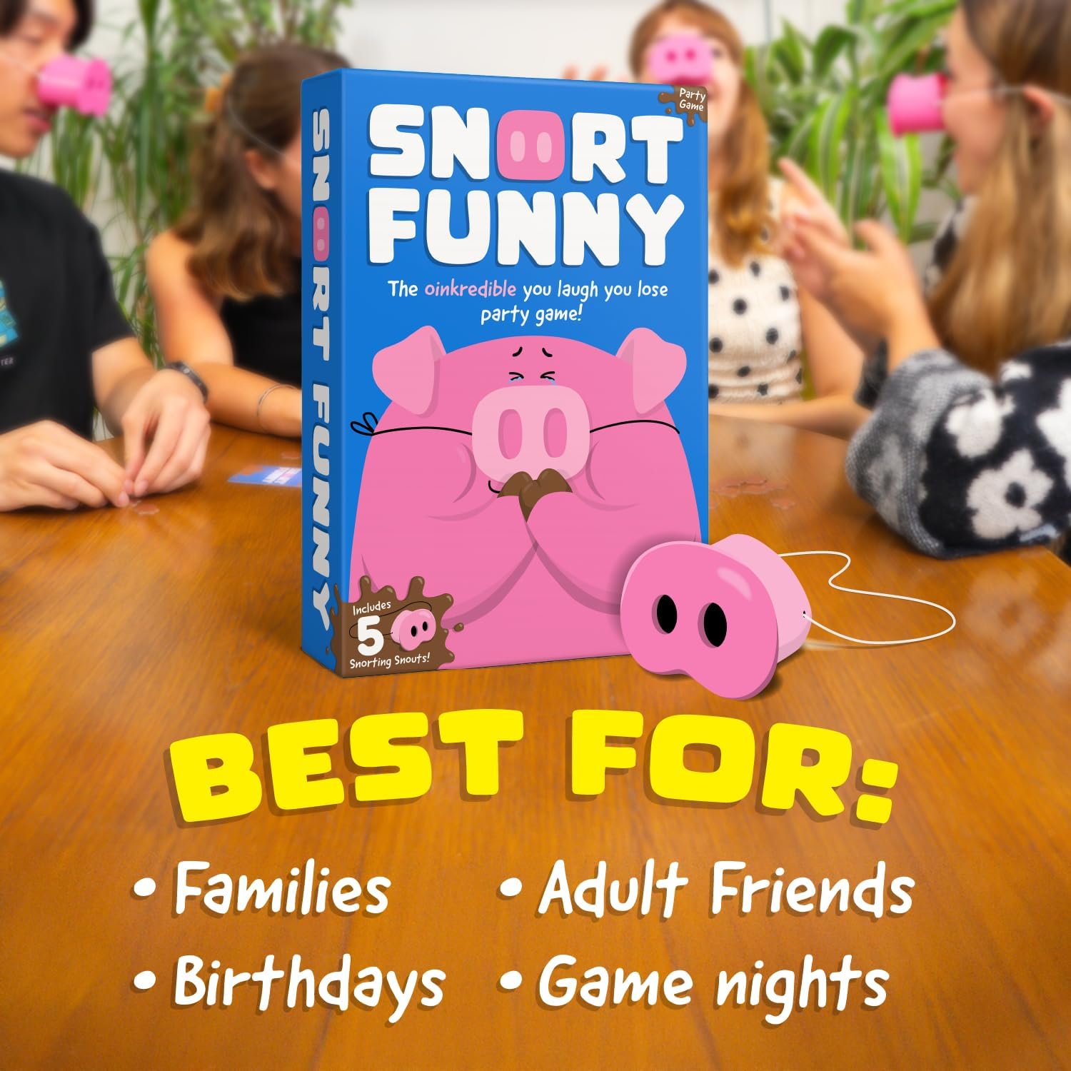 Jeu de société Snort Challenge – Jeu de cartes amusant pour la famille et les amis avec des museaux de cochon, 150 tâches et des jetons de boue | 8 ans et plus, 4 à 8 joueurs