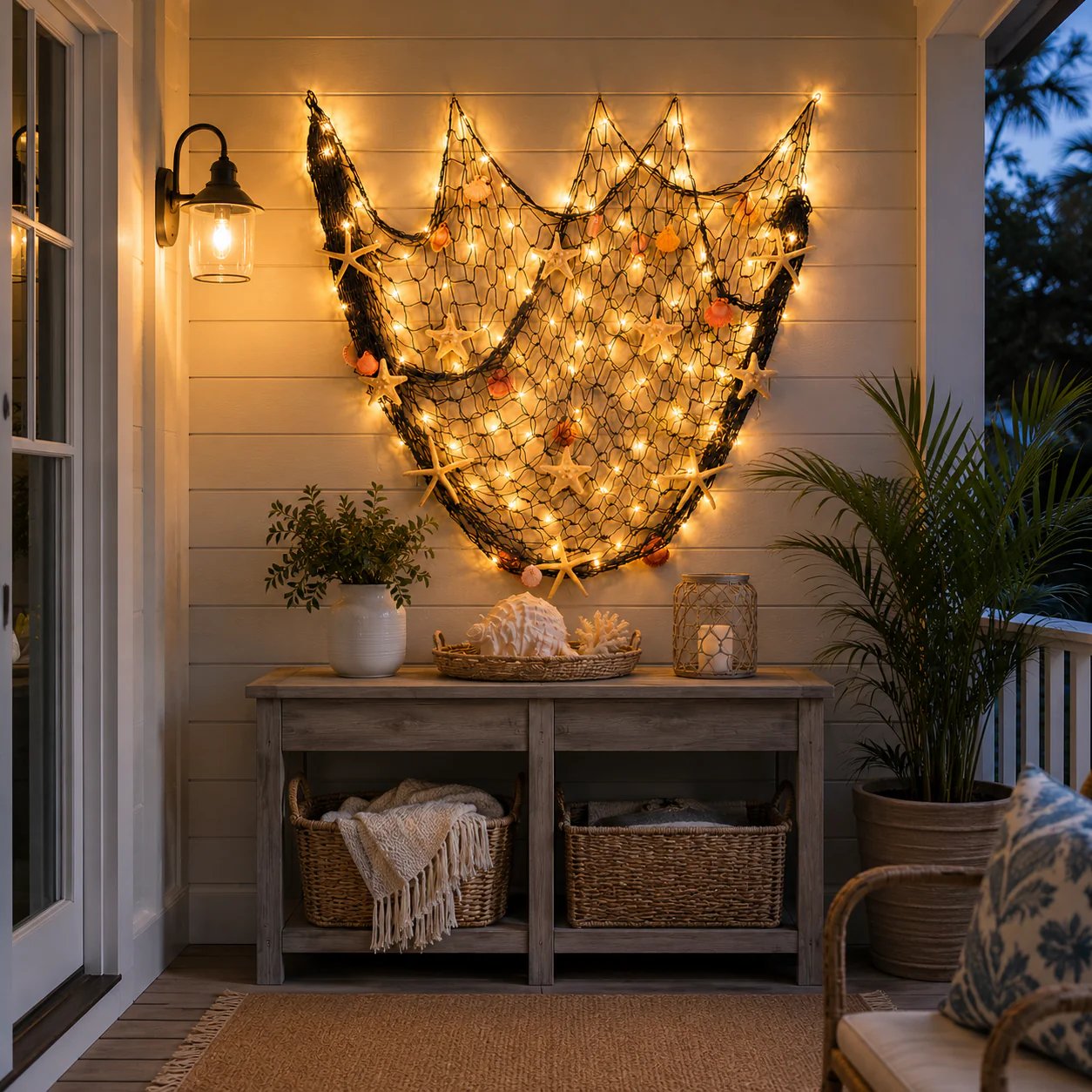 Coastal Fishing Net Wall Hanging with Fairy Lights