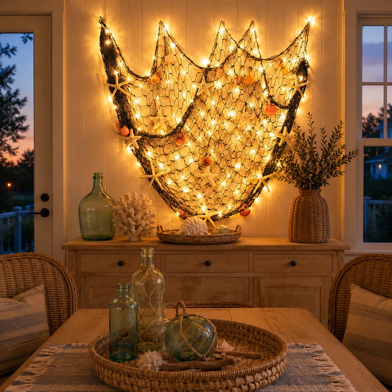 Coastal Fishing Net Wall Hanging with Fairy Lights