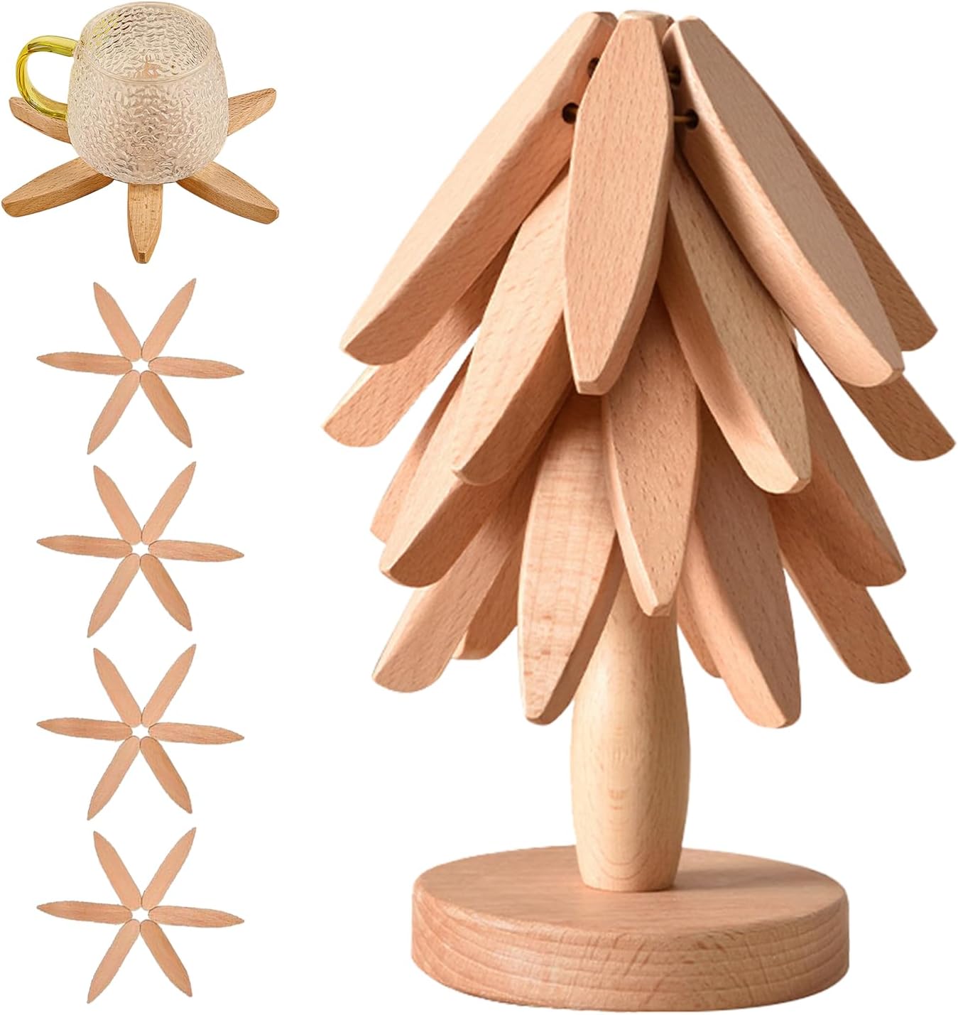 Wooden Christmas Tree Trivet Set - Christmas Gift Heat Resistant Teapot Coasters & Potholders, Wooden,