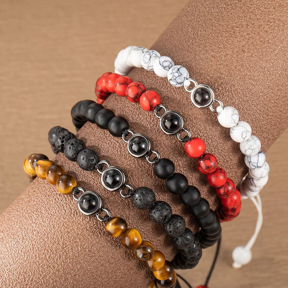 Custom Photo Projection Tiger Eye Bracelet with Black Gallstone Beads