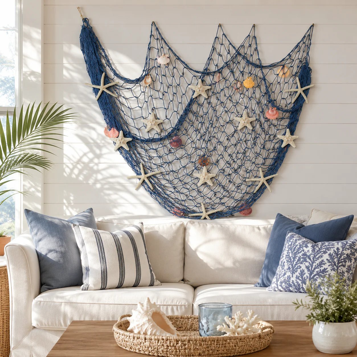 Coastal Fishing Net Wall Hanging with Fairy Lights