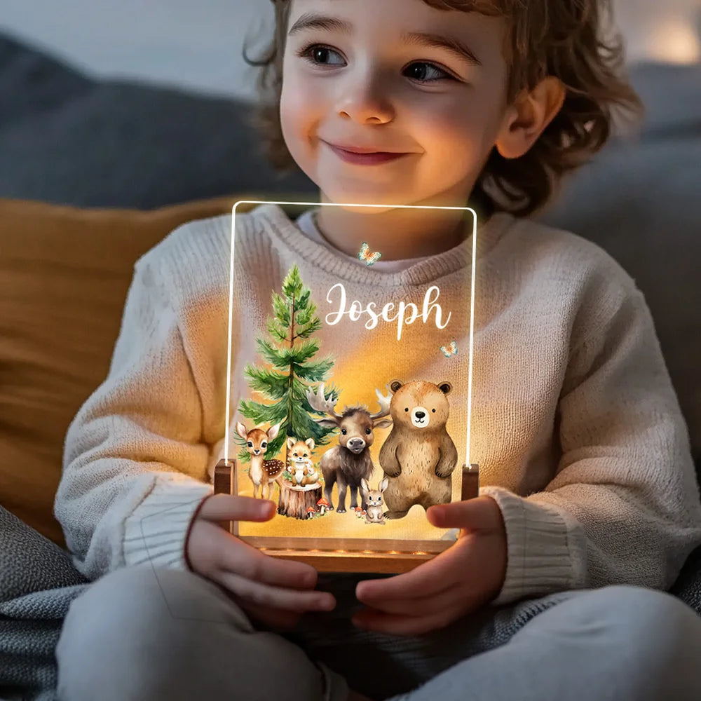 Personalized Cute Deer Fox Forest Animals Acrylic LED Night Light with Wooden Base and Name Birthday Anniversary Gift for Family Children