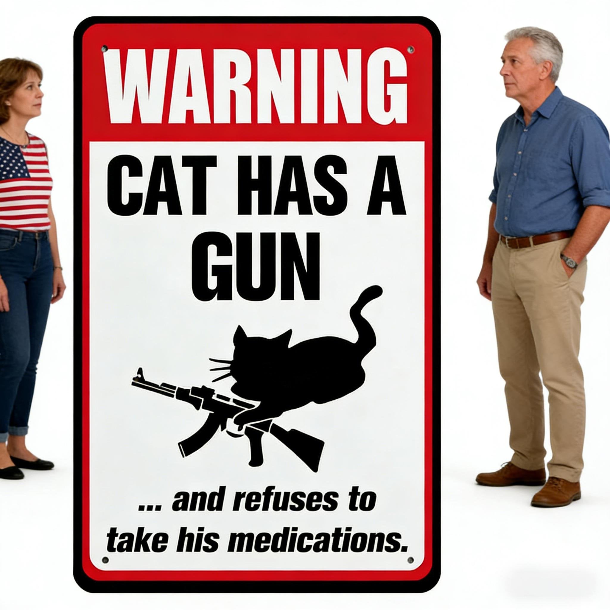 Plaque en aluminium amusante "Chat et chien ont un pistolet et ne prendront pas leurs médicaments"