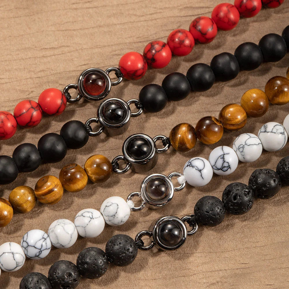 Custom Photo Projection Tiger Eye Bracelet with Black Gallstone Beads