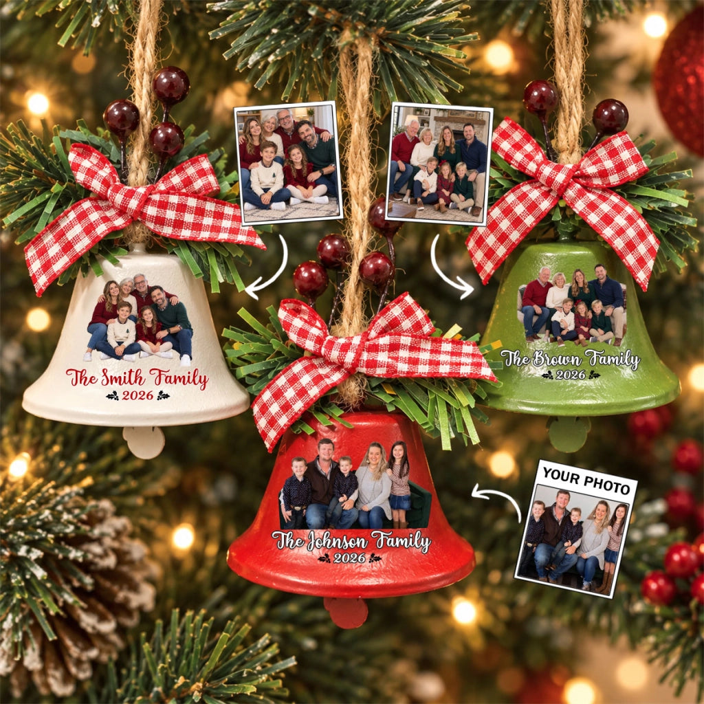 Family Christmas Photo Bells - Personalized Metal Bell Ornament