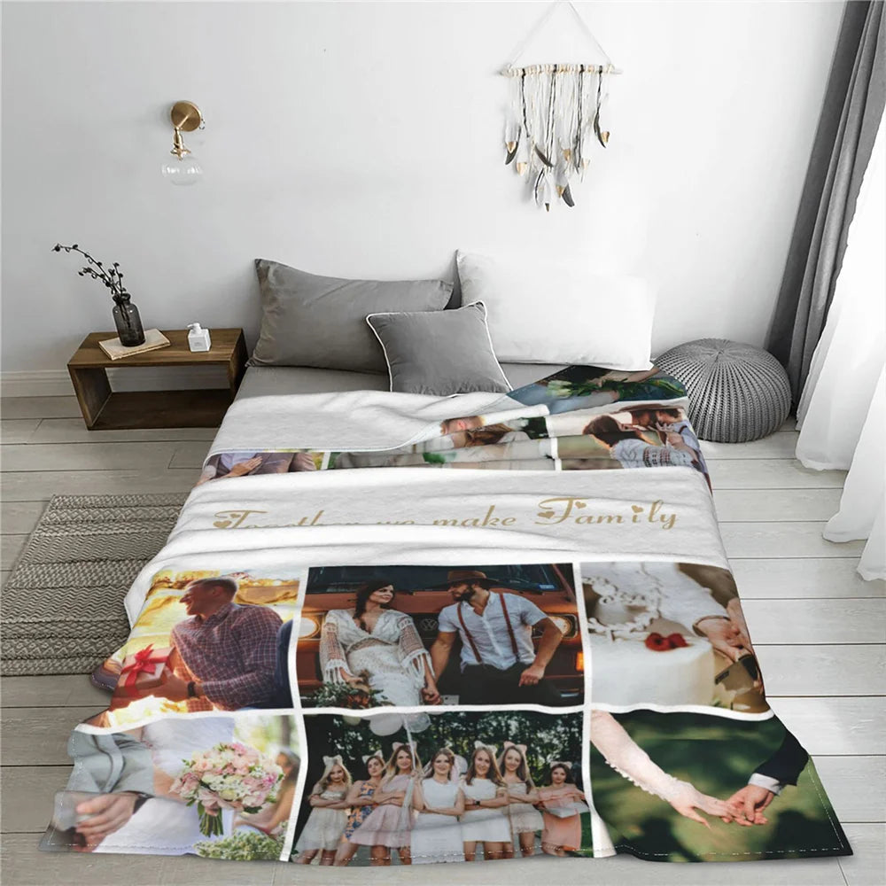 Personalized 12 Photos Collage Super Soft Blanket with Text Christmas Thanksgiving Day Gift for Family Friend