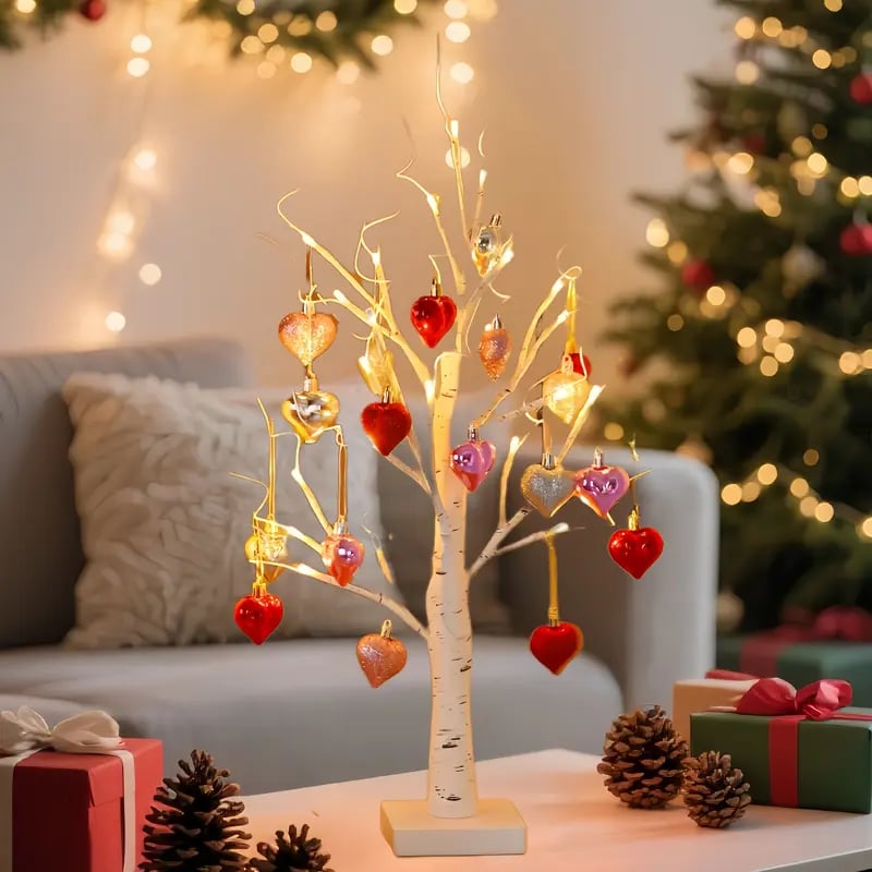 Romantic Heart-Shaped Birch Tree Lamp With 18 Heart Ornaments
