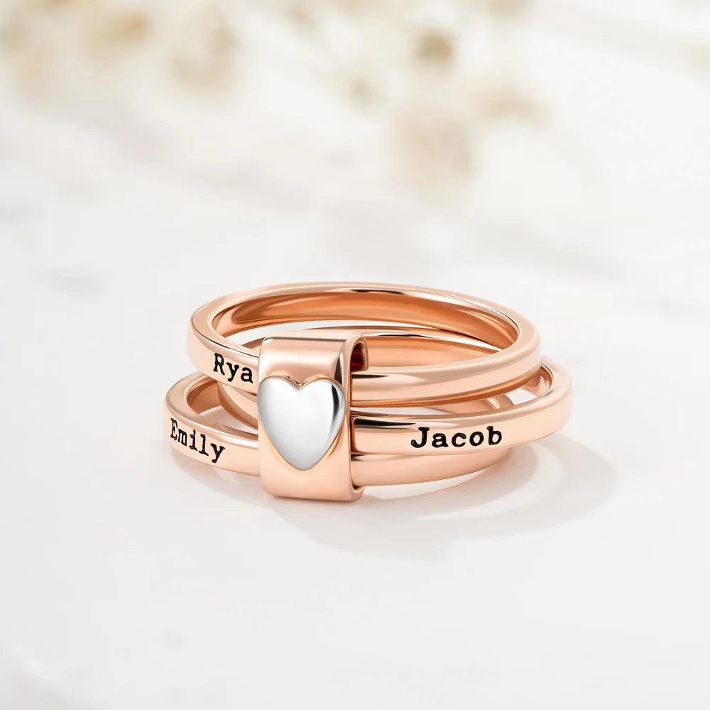 Personalized  Heart Women Stacking Rings with Engraved 2-5 Names Family Jewelry Mother's Day Birthday Gift for Mom Grandma