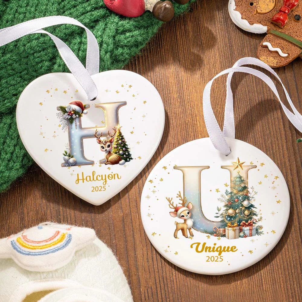Personalized Reindeer Christmas Tree Initial Ceramic Christmas Ornament