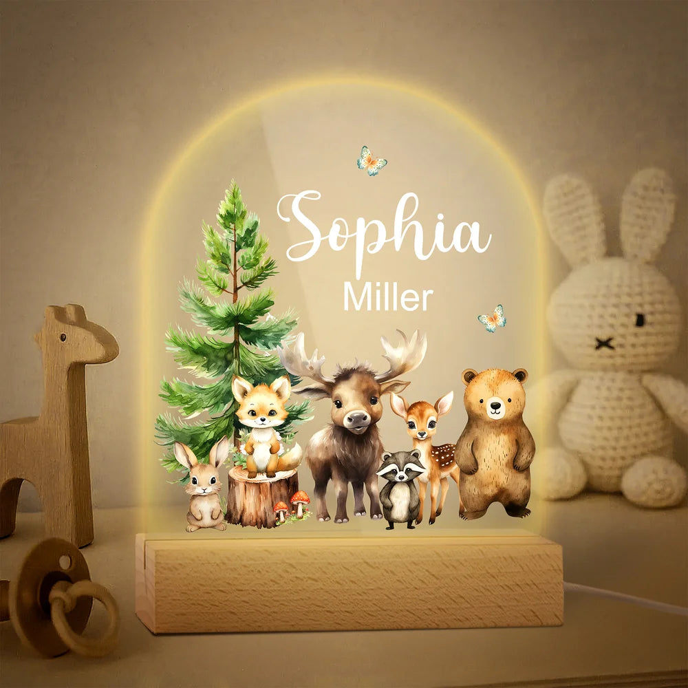 Personalized Watercolor Jungle Animal Acrylic Night Light with Name and Wooden Base Room Decoration Christmas Birthday Gift for Girls Boys