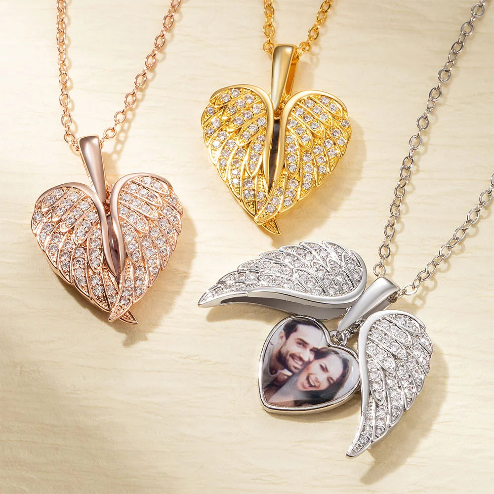Personalized Cubic Zircon Sterling Silver Heart Shape Angel Wing Photo Locket Necklace